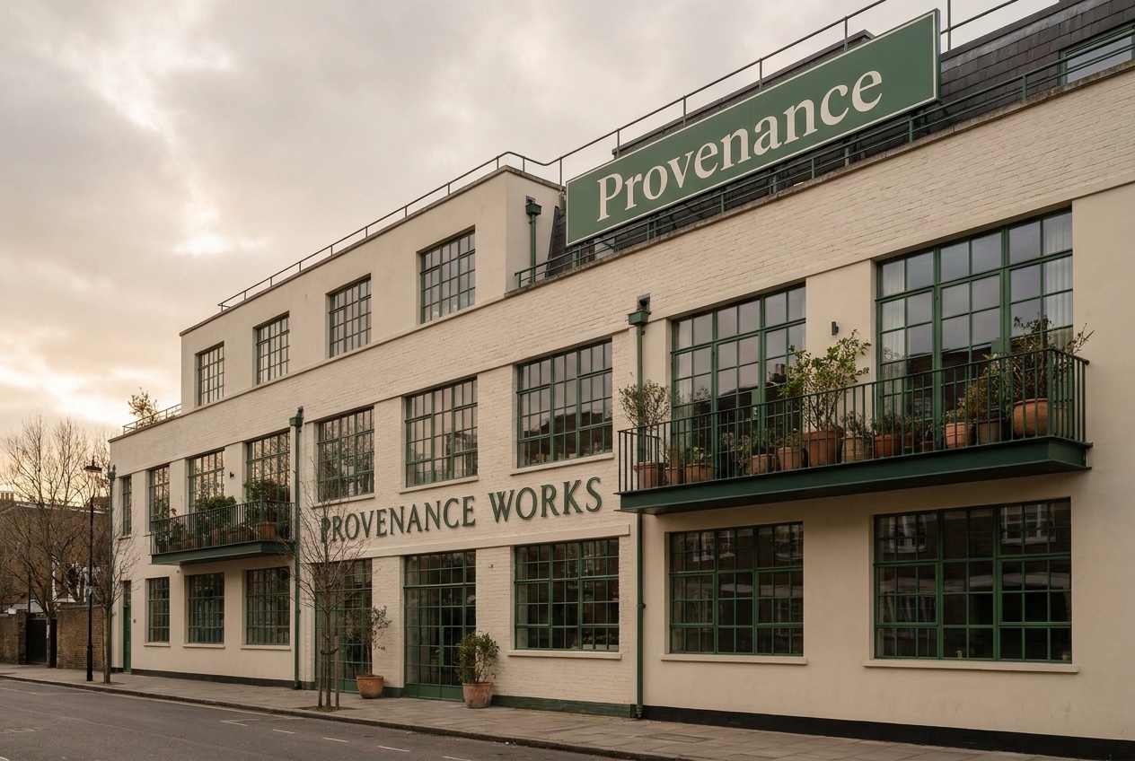A 1930s former factory building converted into apartments, Crittall windows and balconies.